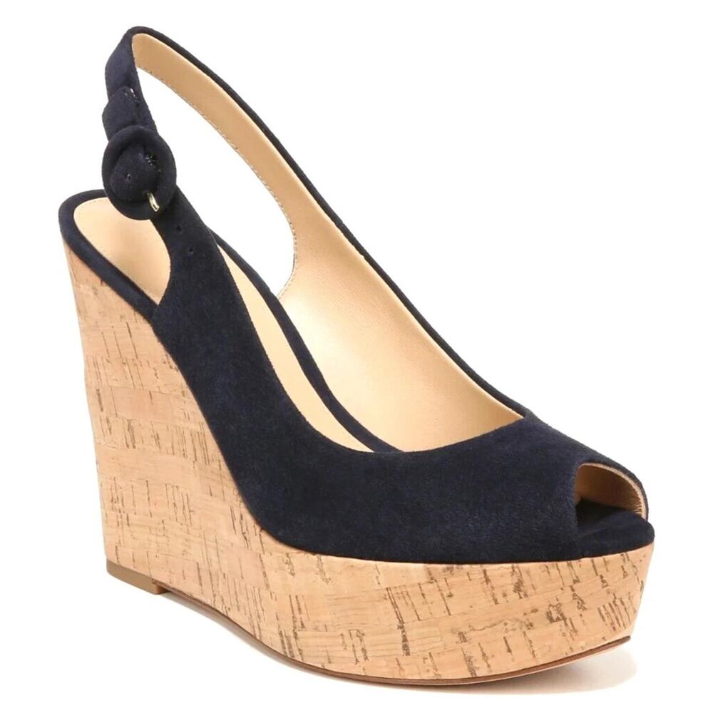 Veronica Beard Dali Peep Toe Sandal Suede Platform Cork Wedge Slingback Blue 11